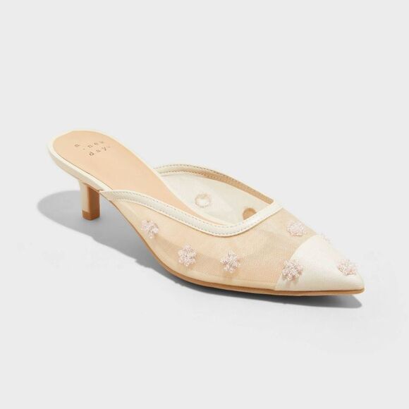 Open Box - A New Day - Women's Delilah Embellished Floral Mule Heels - A  Beige - Picture 1 of 4